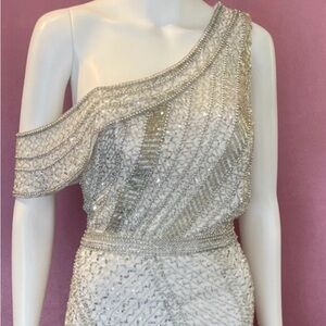 Jovani White and Silver Beaded Dress